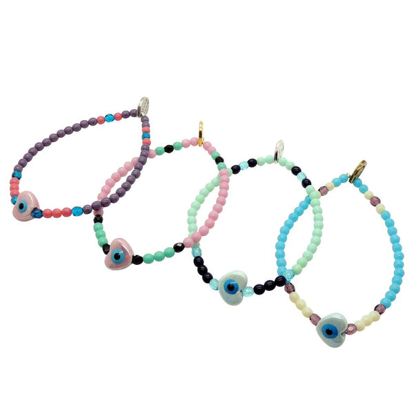 Evil Eye Heart Charm Rainbow Glass Bead Bracelet