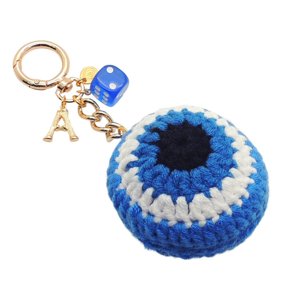 Dana Levy Crochet Evil Eye Initial Charm Trio Bag Charm - Letter A Blue Dice