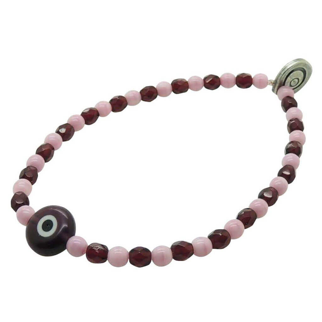 Dana Levy Evil Eye Charm Glass Crystal Bead Mix Bracelet - Purple Evil Eye Light Pink Opaque Glass Bead Ruby Faceted Bead