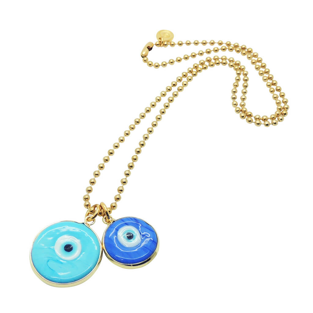 Dana Levy Evil Eye Disc Charm Duo Ball Chain Necklace - Opaque Turquoise and Opaque Cobalt Blue Evil Eye Charms