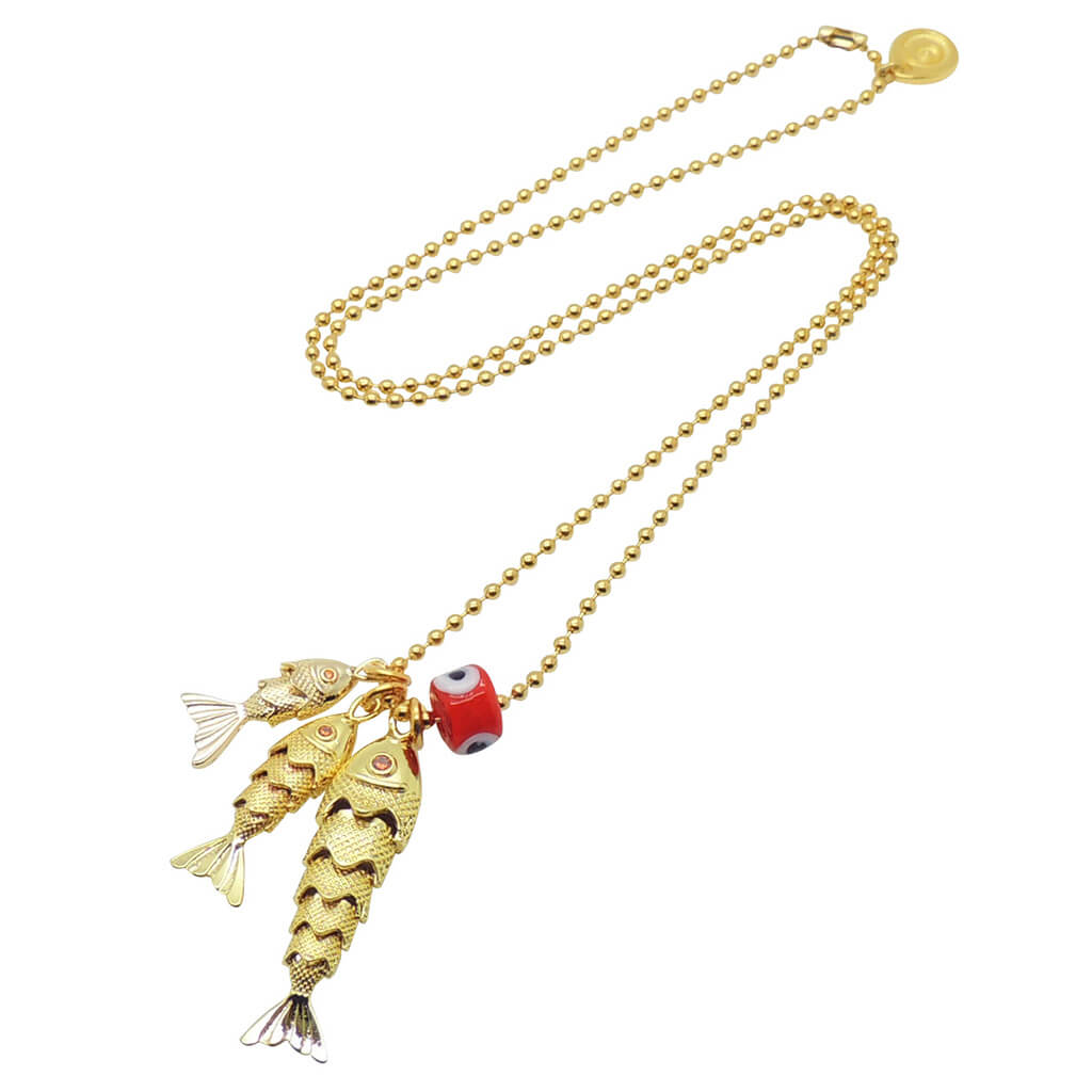 Dana Levy Goldfish Trio Charm Ball Chain Necklace - With Red Evil Eye Charm 