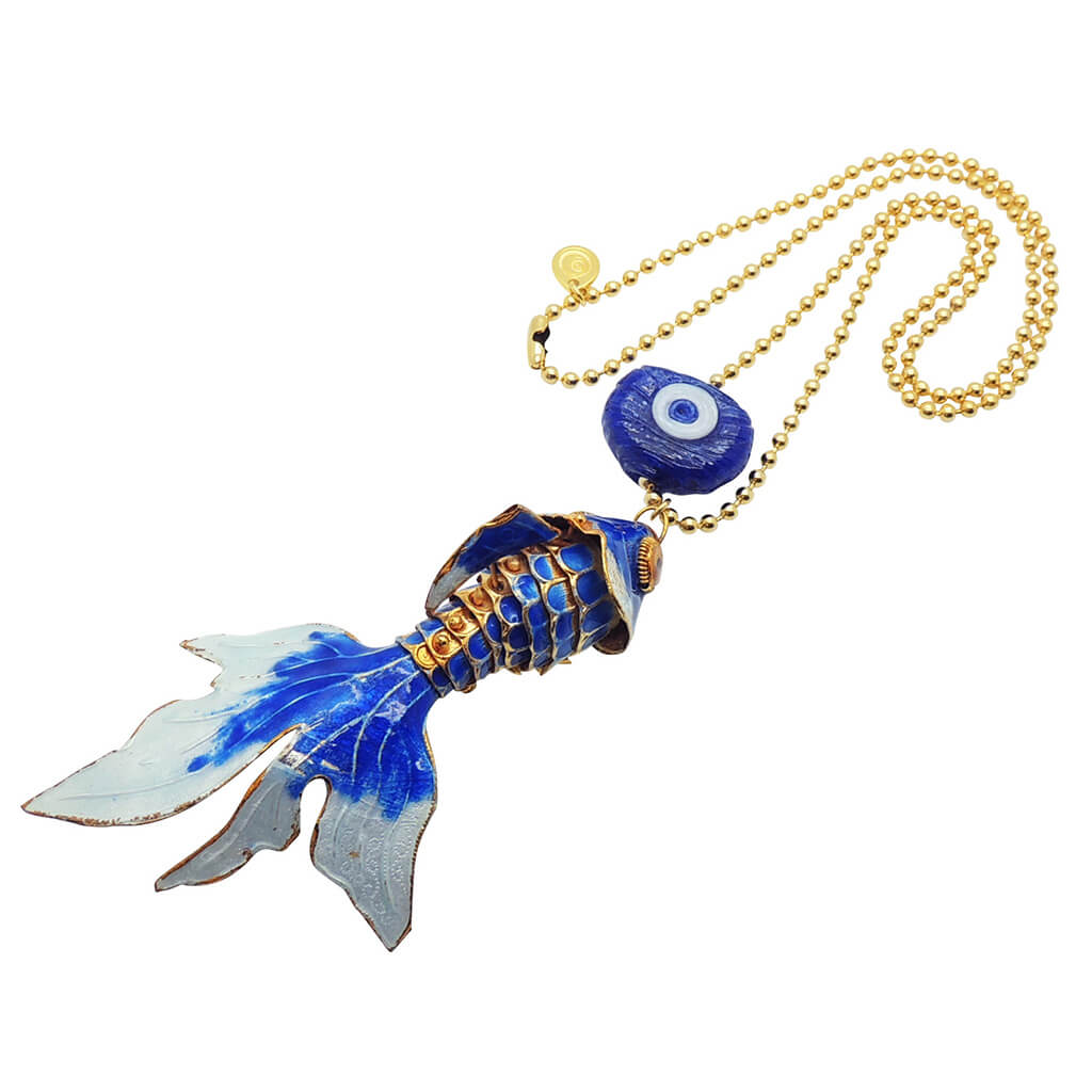 Dana Levy Maxi Enamel Fish & Evil Eye Charm Duo Ball Chain Necklace - Royal Blue Fish with Transparent Navy Blue / White Evil Eye Charm.