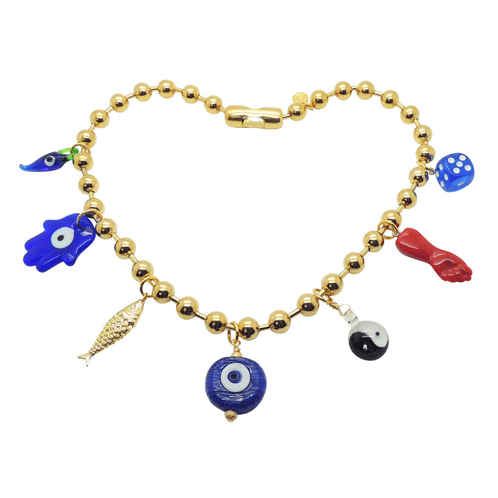 Dana Levy Maxi Lucky Charms Ball Chain Necklace - Gold Plate with Royal Blue Charm Mix 