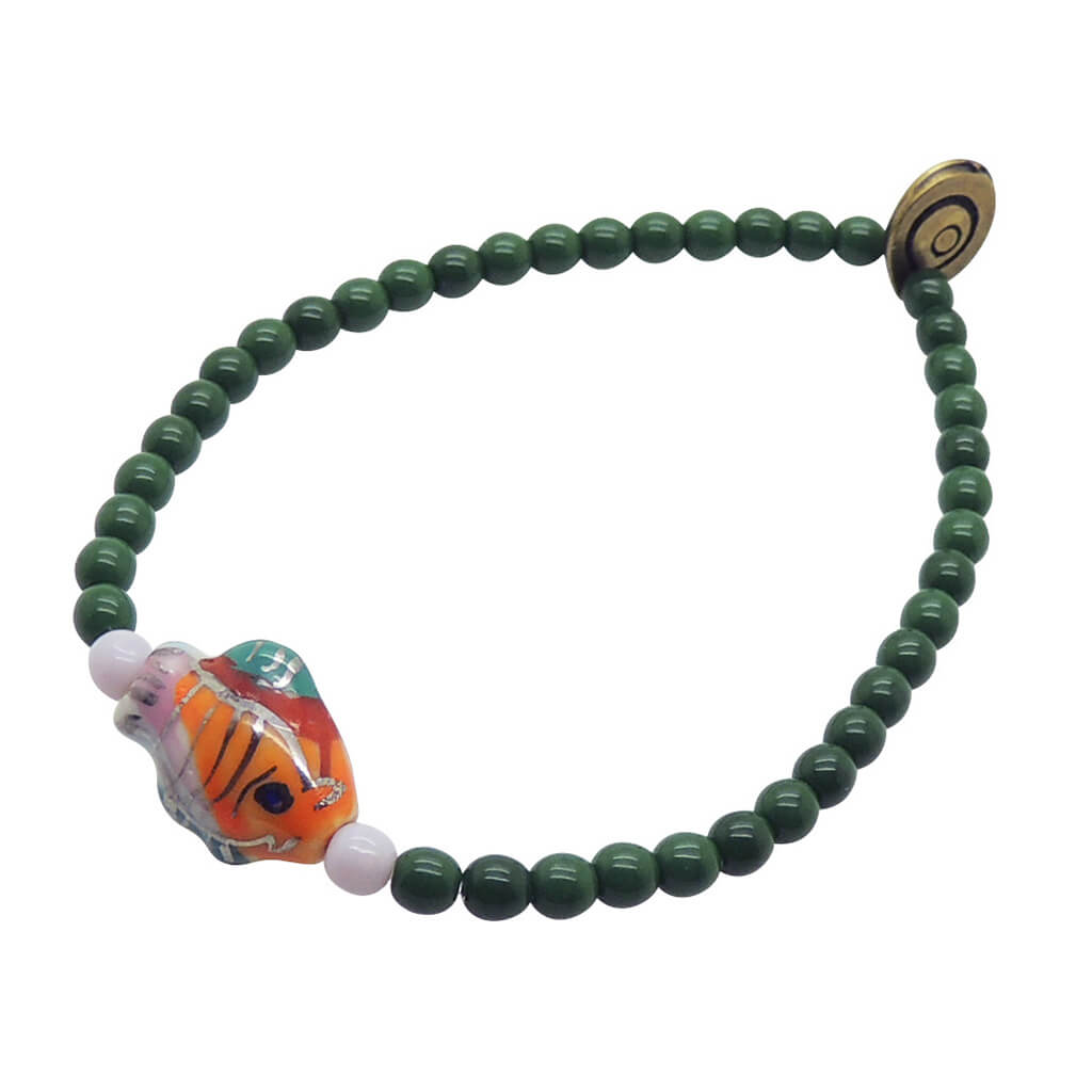 Dana Levy Porcelain Fish Charm Glass Bead Bracelet - Forest Green and Lilac Glass Beads 