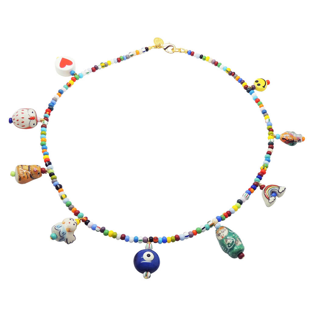 Dana Levy Porcelain Lucky Charms Balagan Glass Rocaille Bead Necklace With Royal Blue Evil Eye.