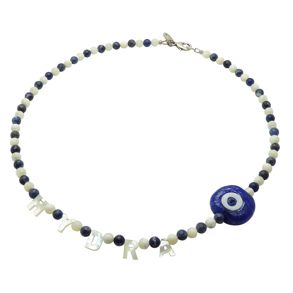 Dana Levy Destination: Hydra Mother of Pearl Shell Gemstone Bead Necklace with Sodalite Gemstone Beads. 