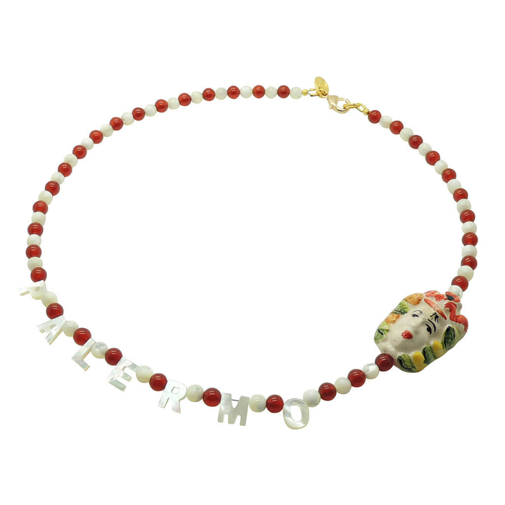 Dana Levy Destination: Palermo Mother of Pearl Shell Gemstone Bead Necklace with Carnelian Gemstone Beads.