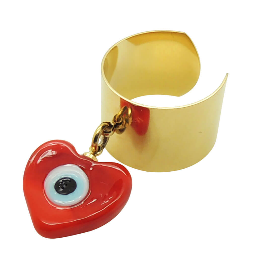 Dana Levy Glass Evil Eye Heart Charm Ring - Red