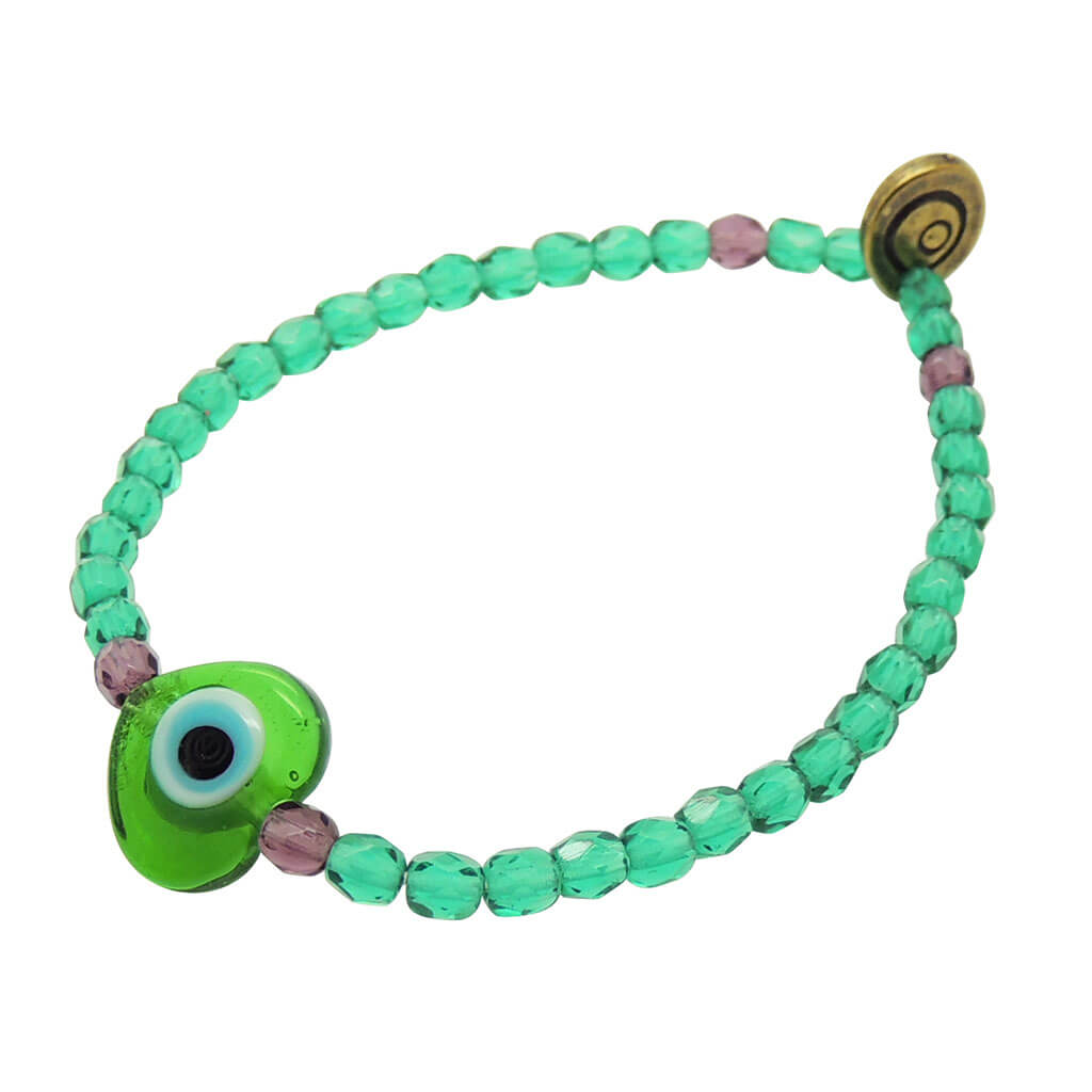 Dana Levy Glass Evil Eye Heart Charm Two Tone Faceted Glass Bead Bracelet - Green Amethyst Emerald Green