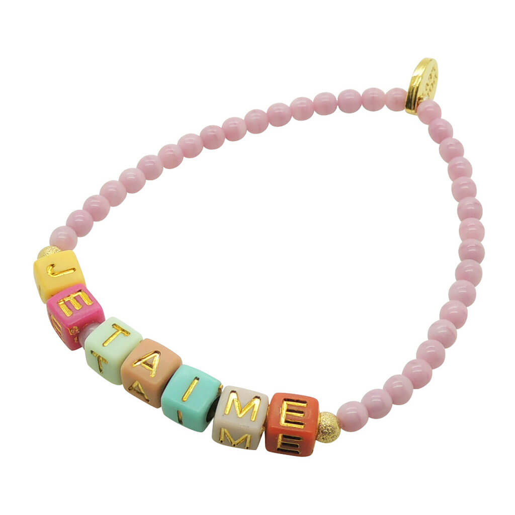 Dana Levy Personalised Retro Alphabet Cube Glass Bead Bracelet - Je T'aime / Light Pink Glass Beads