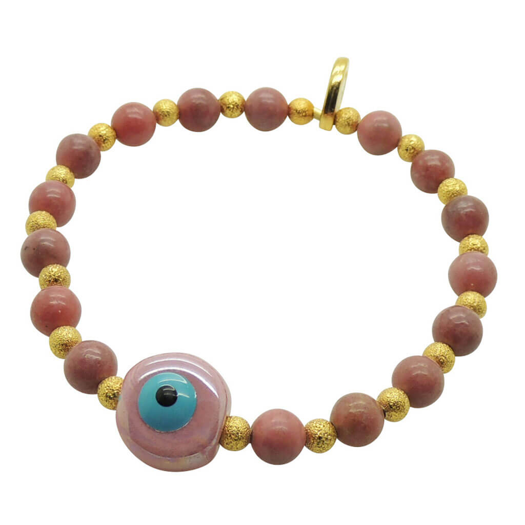 Dana Levy Ceramic Evil Eye Amulet Stardust Gemstone Bead Bracelet - Pearlized Pink Evil Eye / Gold Stardust / Rhodonite