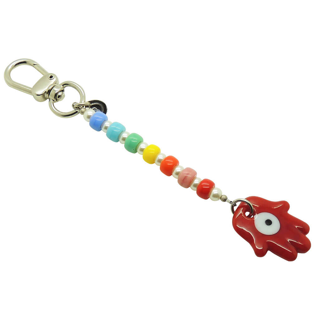 Dana Levy Glass Hamsa Hand Amulet Rainbow Pearl Bag Charm with a Silver plated key fob and Red Glass Hamsa Charm