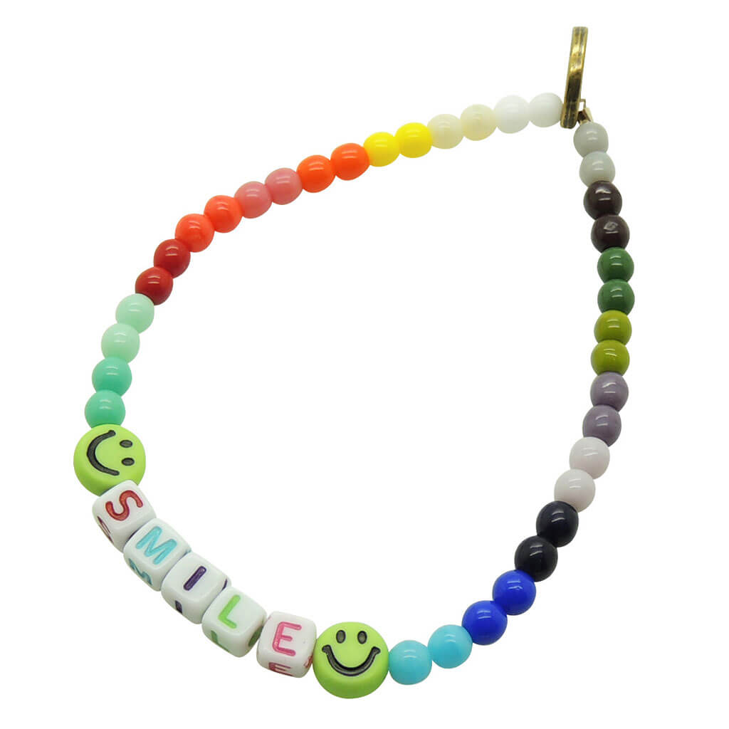 Dana Levy Mini Personalised Name Alphabet Cube Rainbow Glass Bead Bracelet - Smile / Multicolour Letters on White Alphabet Cube Beads / Green Smiley Charms